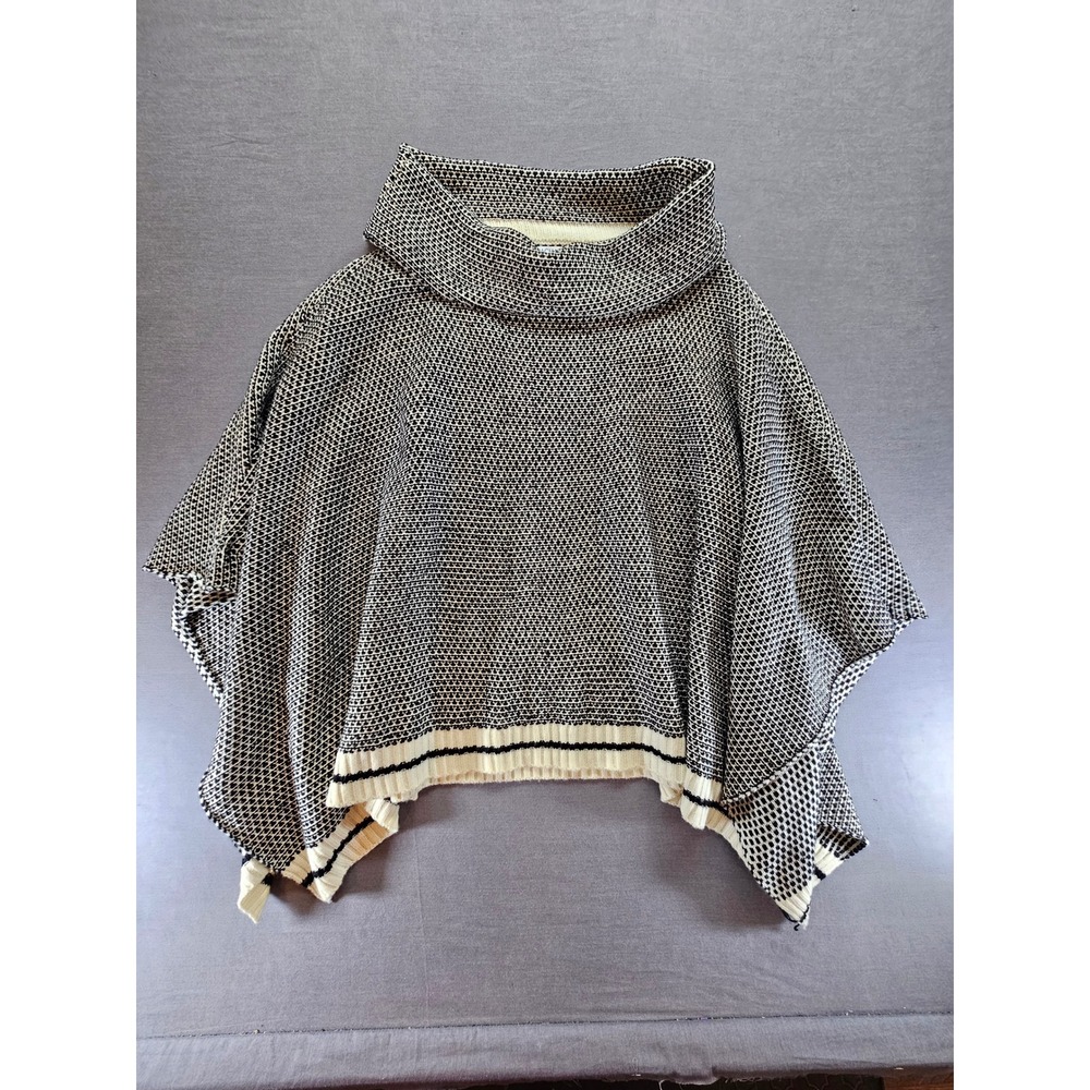 Baciano Black Cream Knit Cowl Neck Poncho Sweater Asymmetrical Hem Medium